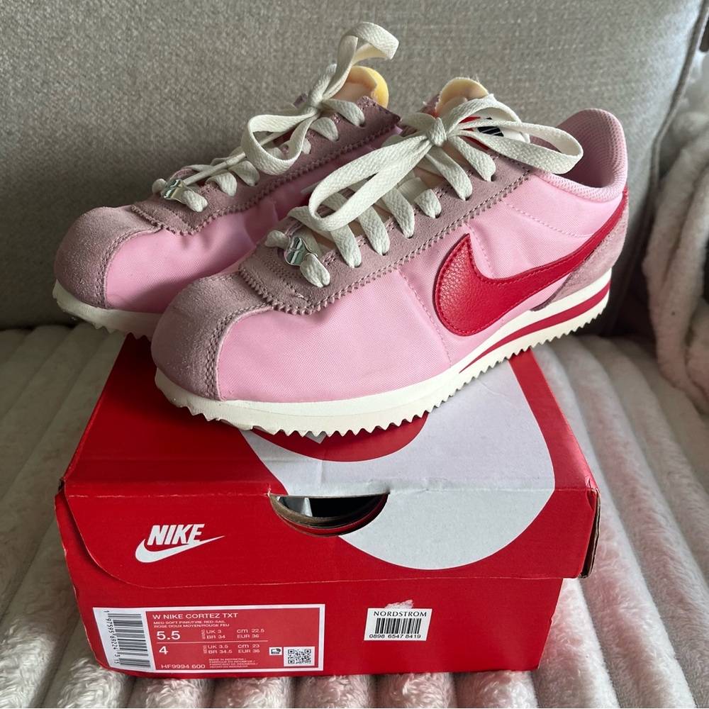 Women’s Size 5.5 - Nike Cortez TXT Soft Pink Fire Red